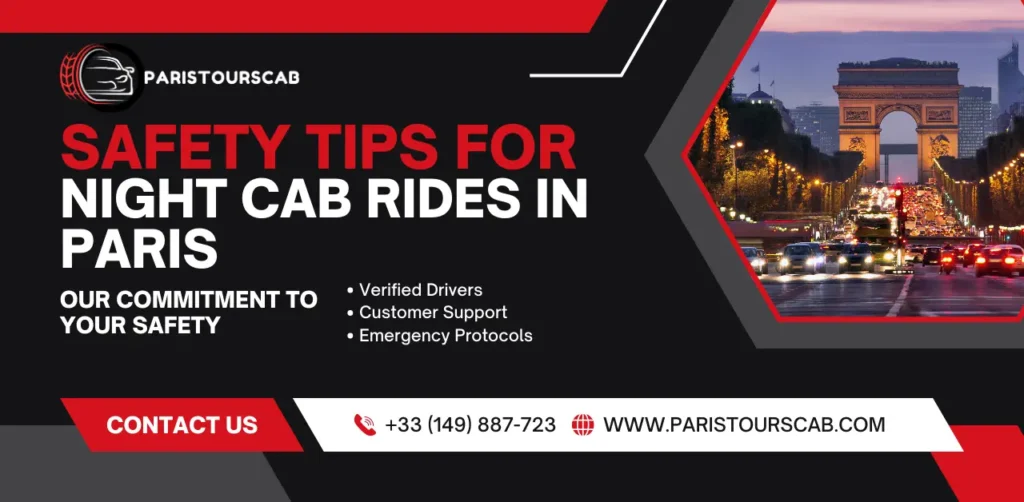 Graphic promoting safety tips for night cab rides in Paris, featuring the Arc de Triomphe and contact information for a cab service.