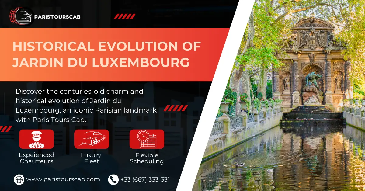 Paris Tours Cab featuring Jardin du Luxembourg. Includes text on historical charm, experienced chauffeurs, luxury fleet, and flexible scheduling, with contact info and a scenic image.