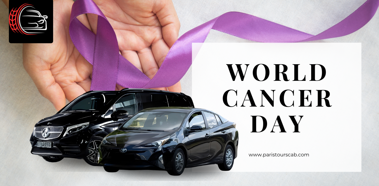 A hand holds a purple ribbon for World Cancer Day, with images of two vehicles below and the text "www.paristourscab.com."