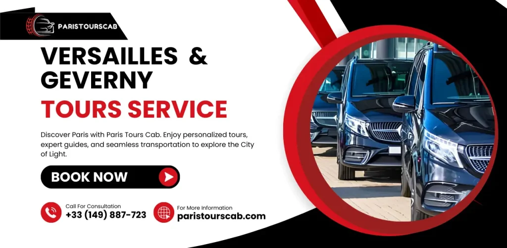 Promotional graphic for Paris Tours Cab offering guided tours to Versailles and Giverny, with a "Book Now" button and contact information.