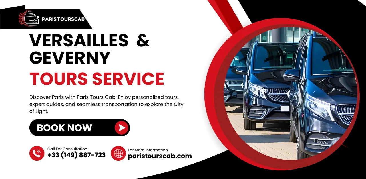 Promotional graphic for Paris Tours Cab offering guided tours to Versailles and Giverny, with a "Book Now" button and contact information.