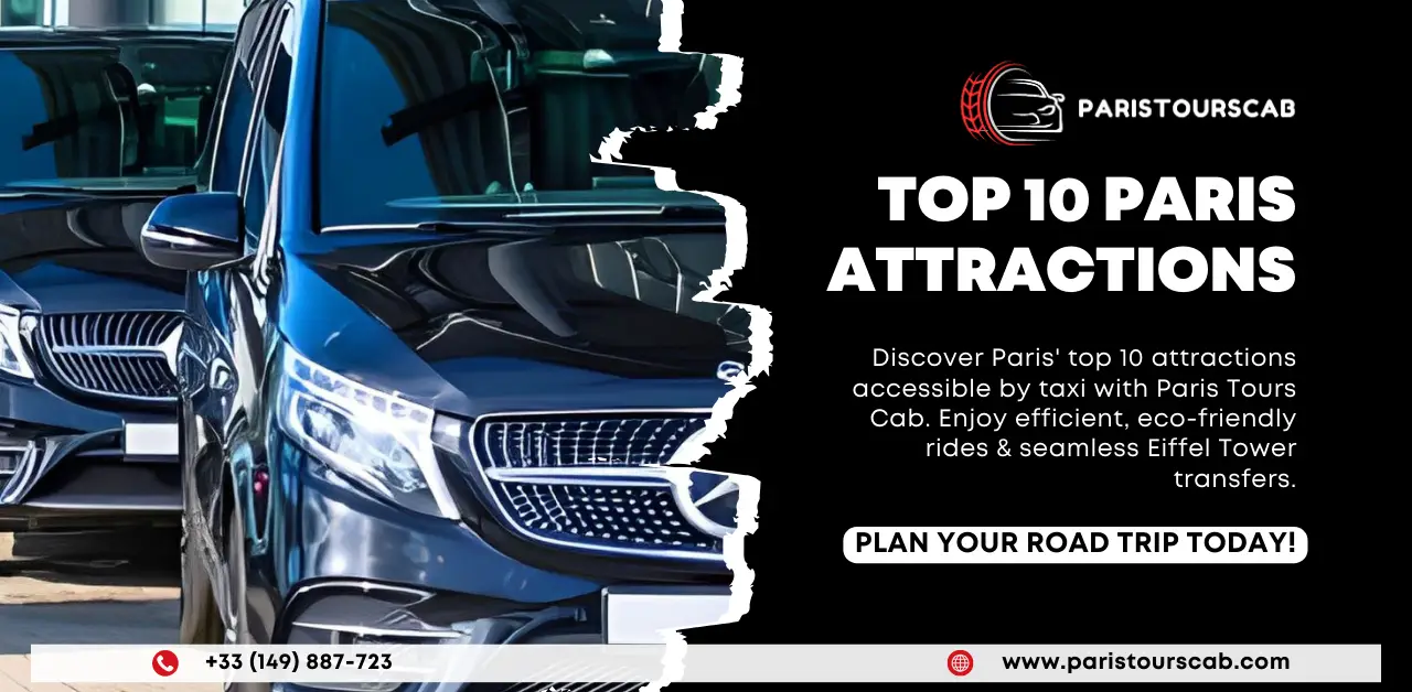 Two sleek taxis parked, promoting Paris Tours Cab's eco-friendly taxi service to explore top Paris attractions effortlessly.