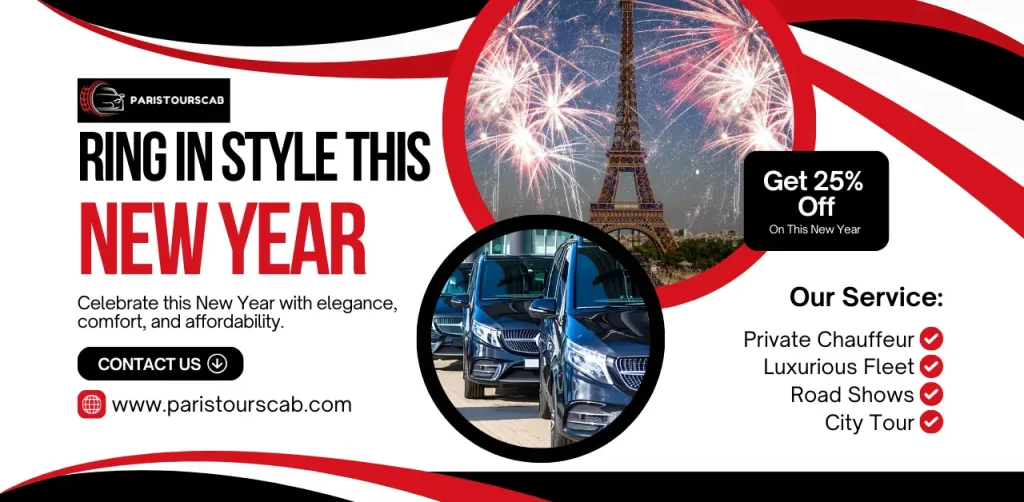 A vibrant New Year's Eve party flyer featuring dazzling fireworks, celebrating with Paris Tours Cab.
