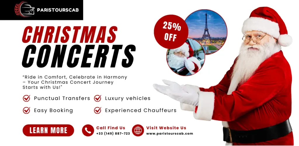 Elegant Christmas concert flyer showcasing festive designs, promoting Point to Point Transfer and Paris Tours Cab services.