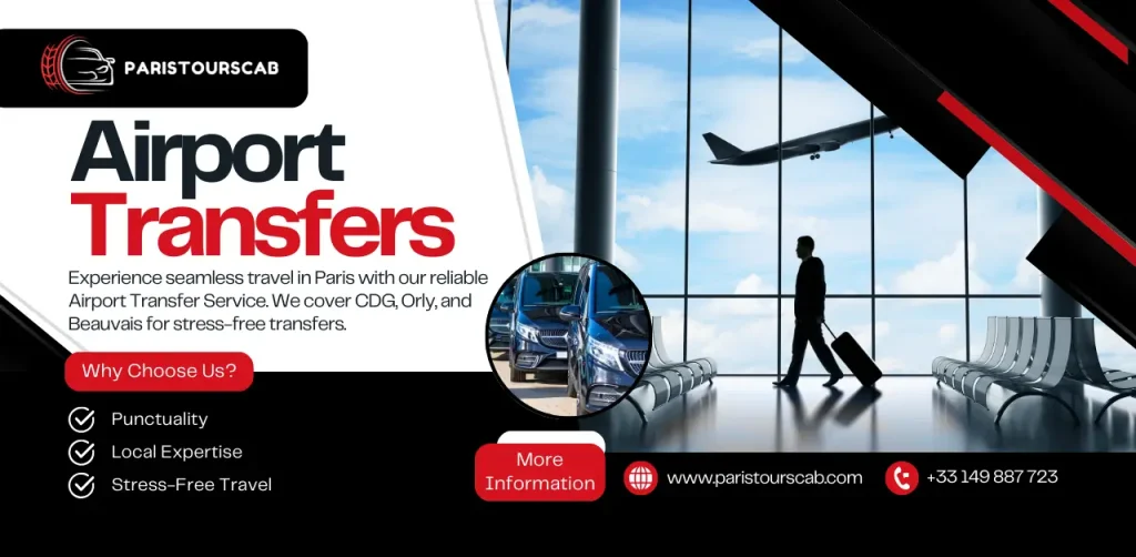 A silhouette of a traveler with a suitcase walking in an airport terminal, with an airplane visible through large windows getting Paris Tours Cab's Airport Transfer Service.