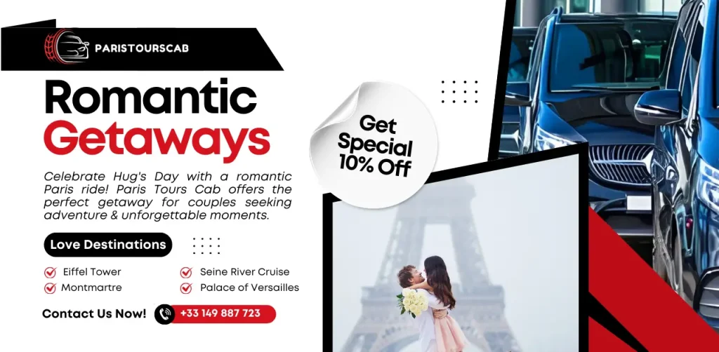 Couple embracing in front of the Eiffel Tower, promoting romantic getaway packages with Paris Tours Cab. Offers 10% off on Hug's Day.