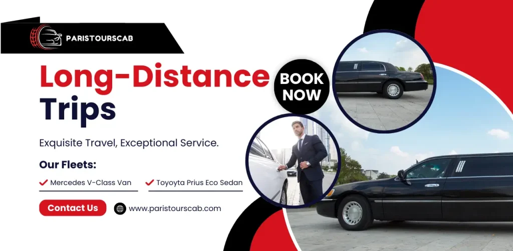 Promotional banner for Paris Tours Cab featuring long-distance trips, showcasing luxury vehicles like a Mercedes V-Class and a Toyota Prius.
