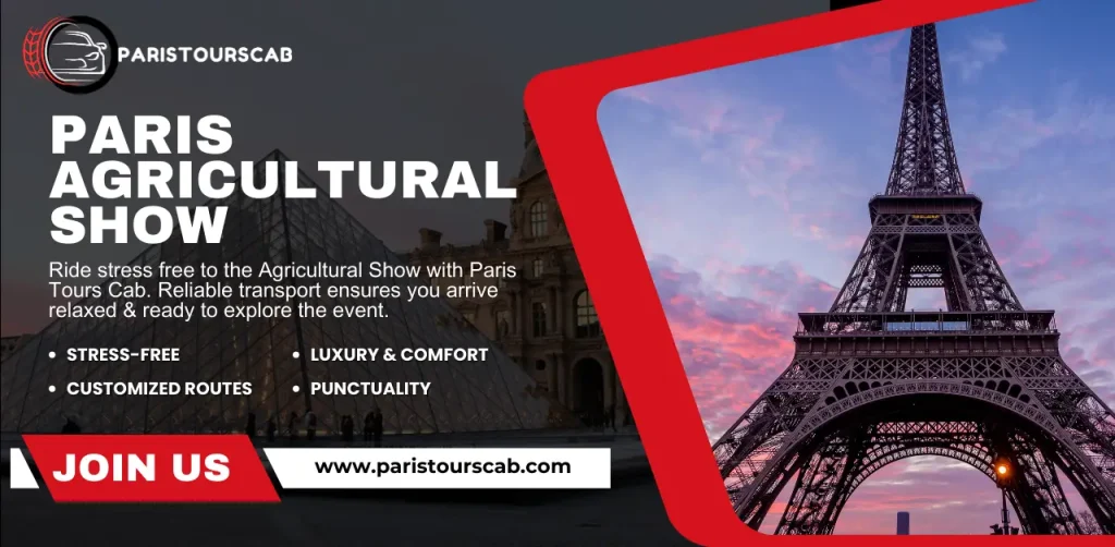 Promotional graphic for Paris Tours Cab, featuring the Eiffel Tower and details about stress-free transport to the Paris Agricultural Show.
