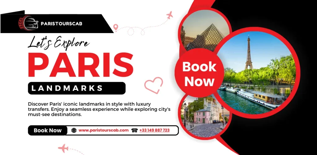 Promotional graphic for Paris Tours Cab, featuring iconic Paris landmarks with a "Book Now" call to action and luxury transfer services.