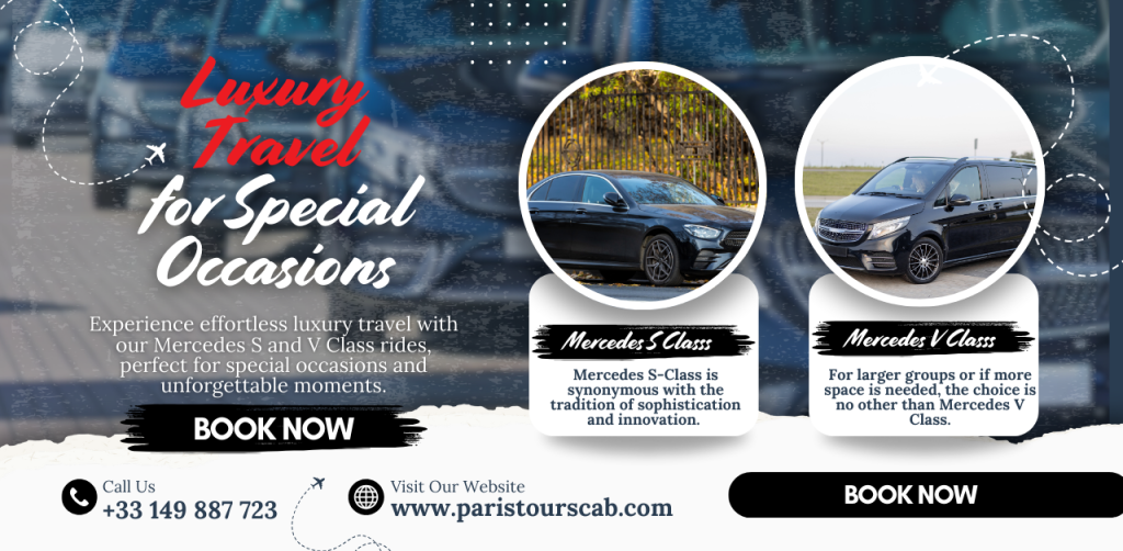 Promotional image for luxury travel services featuring Mercedes S and V Class vehicles for special occasions. "Book Now" highlighted.