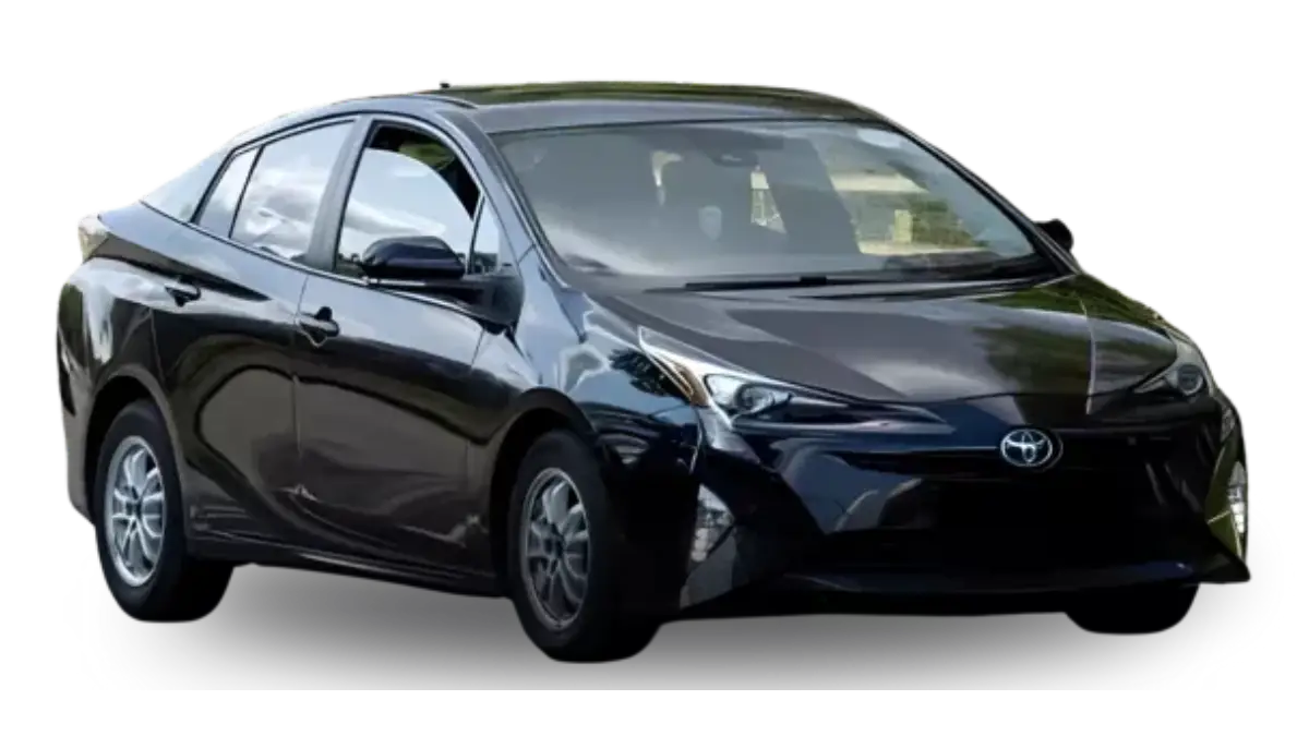 A sleek black Toyota Prius parked at an angle, showcasing its modern design and aerodynamic shape, with clear windows and shiny wheels.