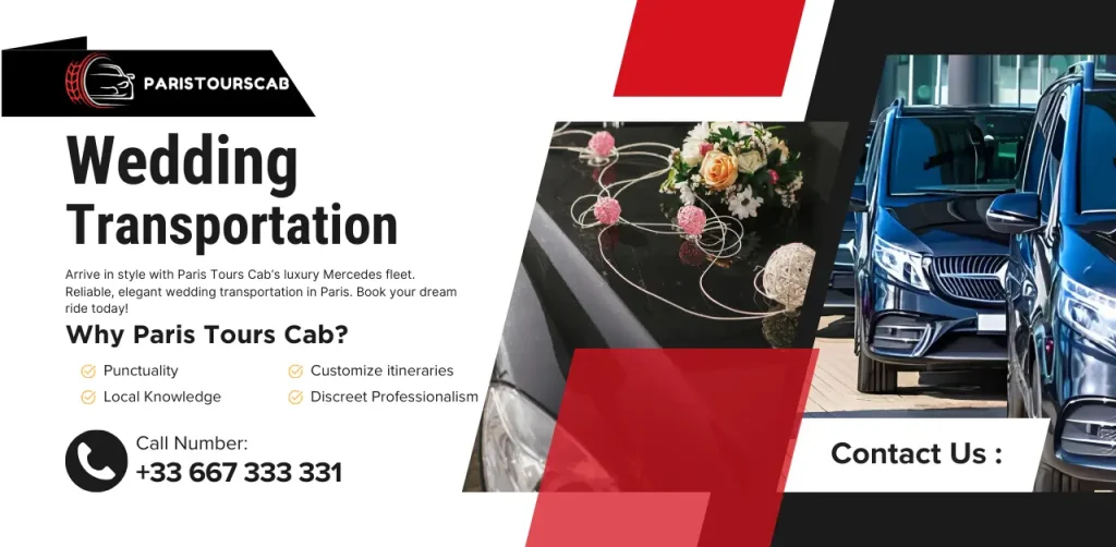 Promotional image for Paris Tours Cab offering luxury wedding transportation in Paris, featuring cars and wedding decorations.