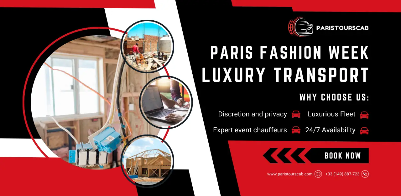 Graphic promoting Paris Fashion Week luxury transport, featuring reasons to choose the service like discretion, fleet quality, and availability.