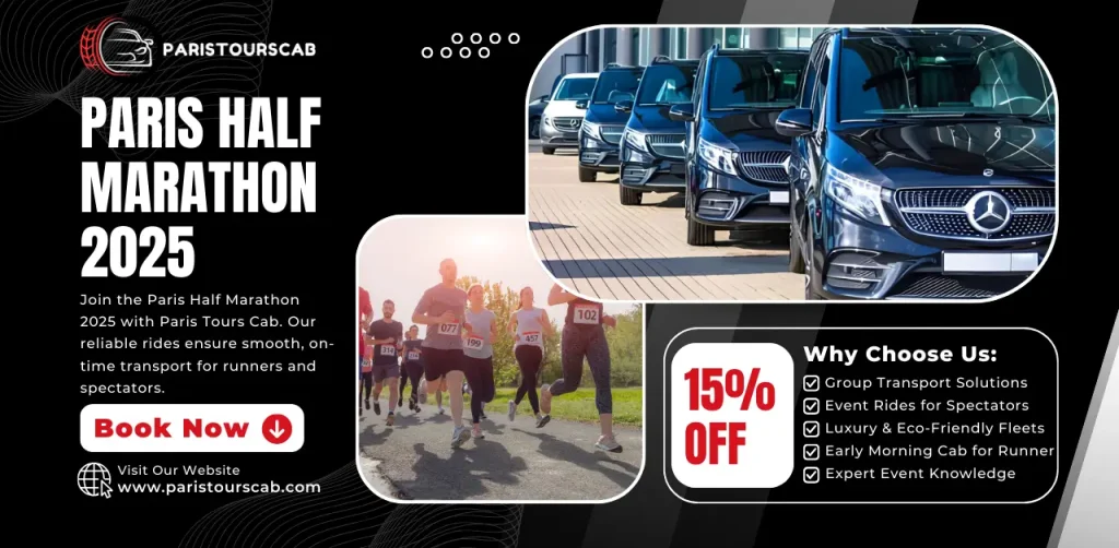 Promotional image for the 2025 Paris Half Marathon, featuring runners and luxurious transportation options with a 15% discount offer.