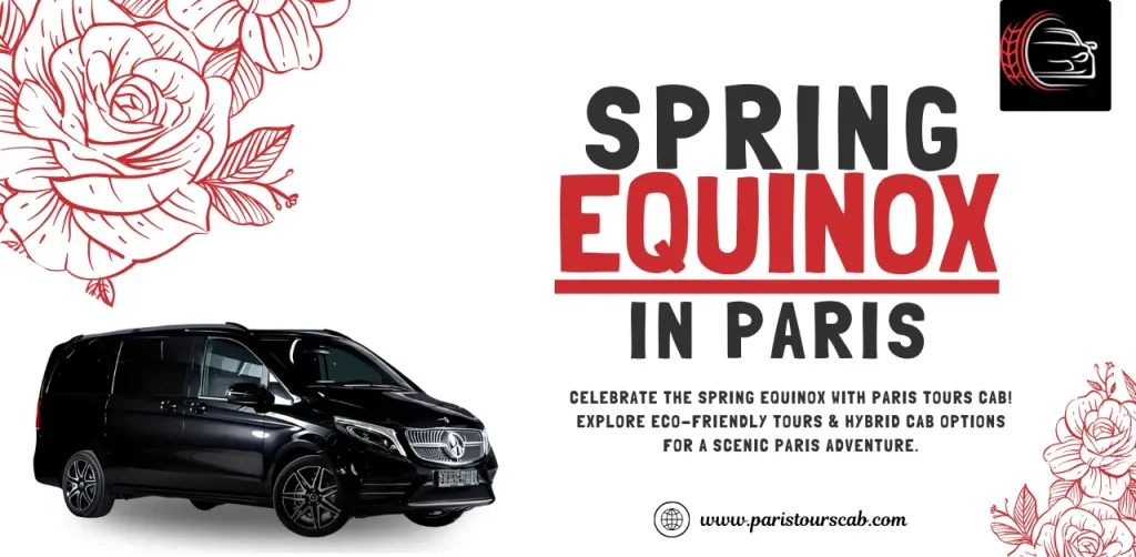 A stylish black cab with floral accents promotes eco-friendly tours in Paris for the Spring Equinox celebration.