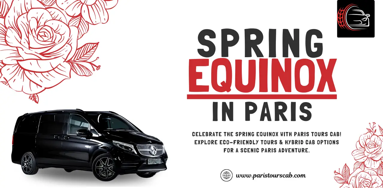 A stylish black cab with floral accents promotes eco-friendly tours in Paris for the Spring Equinox celebration.