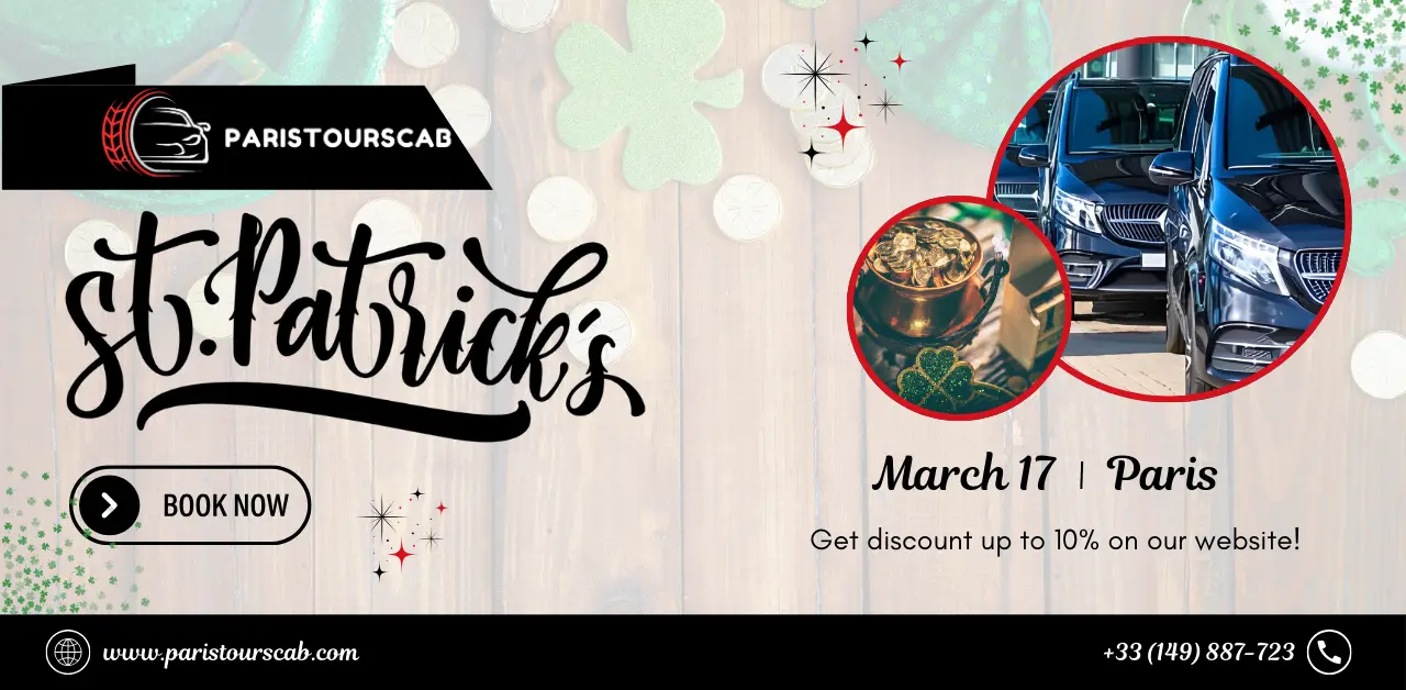 St. Patrick's Day promotion featuring a gold pot, shamrock, and luxury cars, inviting bookings with a 10% discount in Paris.