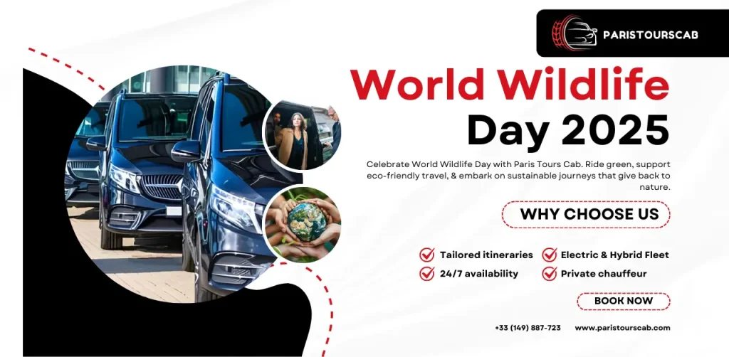 A promotional image for World Wildlife Day 2025, featuring eco-friendly vehicles and options for tailored sustainable travel experiences.