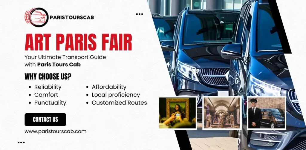 A promotional image for Paris Tours Cab featuring luxury vehicles, a call-to-action, and key service benefits including reliability and comfort.
