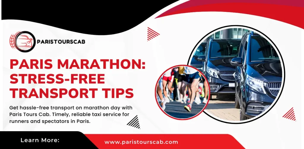Graphic promoting Paris Tours Cab's taxi service for hassle-free transport on marathon day, featuring marathon runners and vehicles.