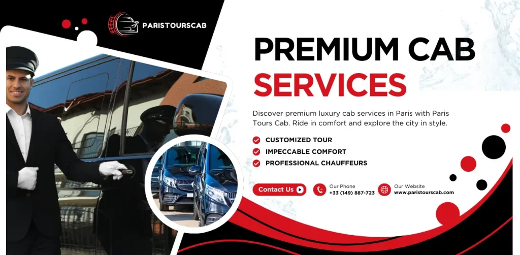 A uniformed chauffeur stands next to a luxury cab, promoting premium services for a stylish and comfortable ride in Paris.