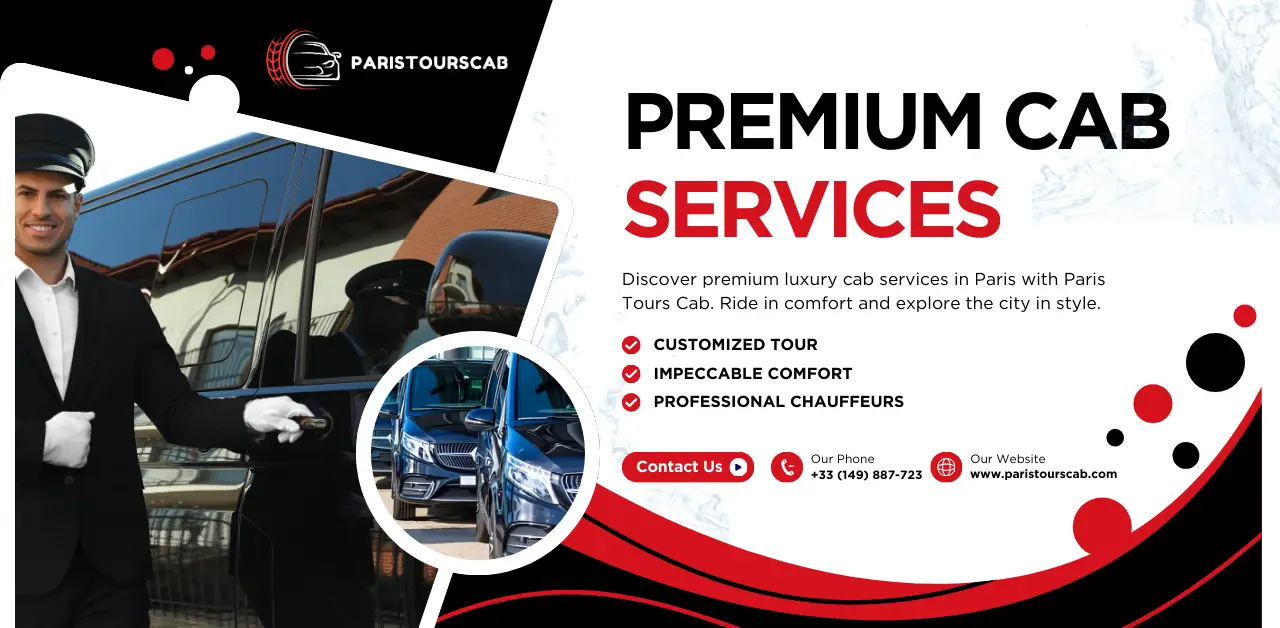 A uniformed chauffeur stands next to a luxury cab, promoting premium services for a stylish and comfortable ride in Paris.