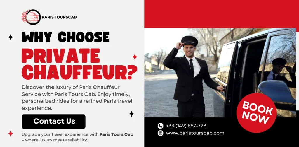 A professional chauffeur welcomes passengers beside a luxury van on a city street, promoting personalized travel services in Paris.