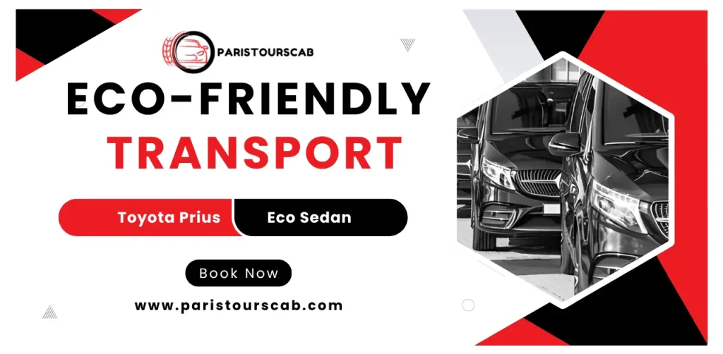 Graphic promoting eco-friendly transport featuring a Toyota Prius and a call to action to book online at Paris Tour Cab.