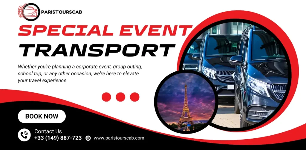 Promotional image for Paris Tours Cab offering special event transport services, featuring luxury vehicles and the Eiffel Tower.