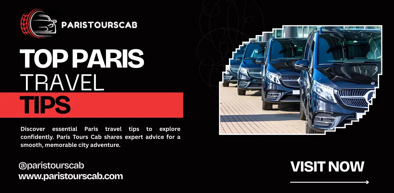 A lineup of sleek black cars showcasing Paris Tours Cab, promoting essential Paris travel tips for exploring Paris confidently.
