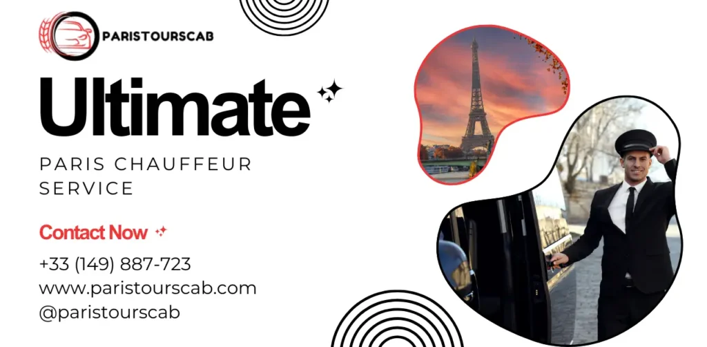 Logo for Paris Tours Cab, showcasing the Eiffel Tower and a Paris chauffeur opening a car door, with contact information below.