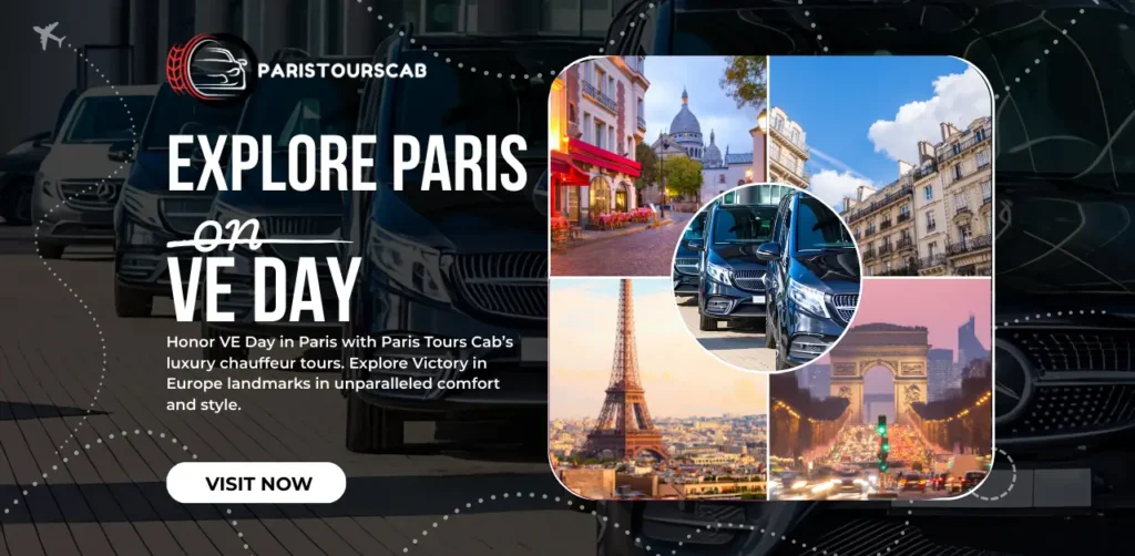 Luxury cars in Paris showcase iconic landmarks, promoting chauffeur tours for VE Day exploration in comfort and style.