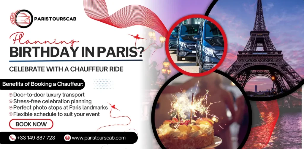 Promotional image for Paris Tours Cab, offering luxury chauffeur services for Paris birthday celebration with holiday-themed visuals.