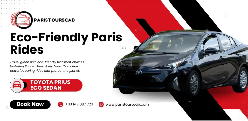 A black Toyota Prius parked against a modern background, promoting eco-friendly transport taxi services in Paris by Paris Tours Cab.