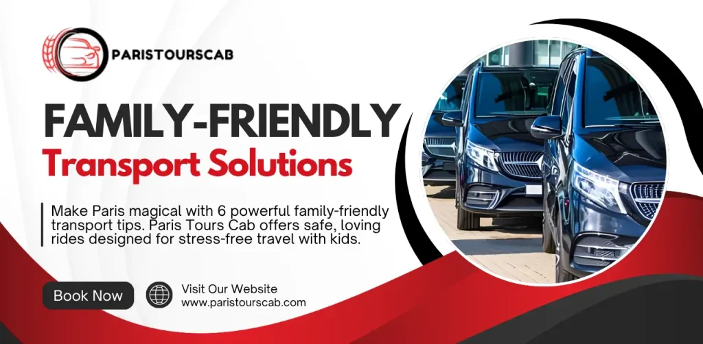 A promotional graphic for Paris Tours Cab showcasing family-friendly transport options, featuring black vehicles and inviting text.