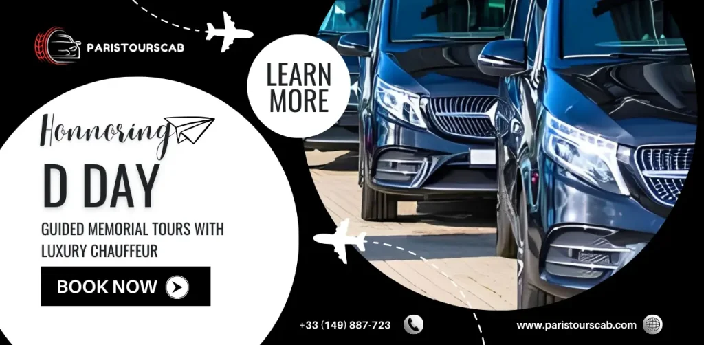 Black luxury vehicles promote guided memorial D-Day tours with a chauffeur, featuring a call to action to book now.