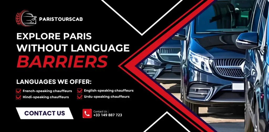 A promotional banner for Paris Tours Cab highlighting sleek black vehicles, multilingual chauffeur services, and easy contact details for booking your next ride.