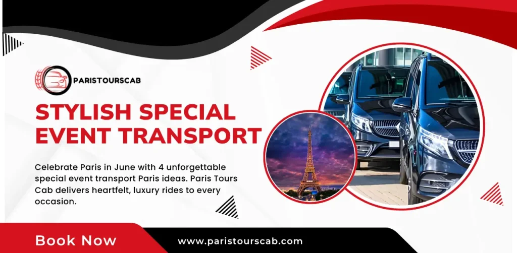 Promotional graphic for Paris Tours Cab featuring luxury vehicles and the Eiffel Tower, highlighting stylish event transport services.