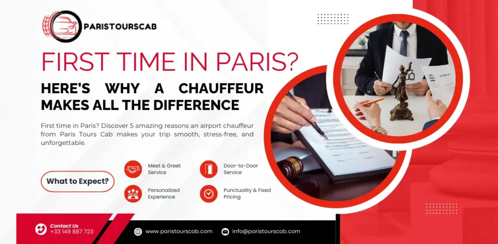 A promotional graphic for Paris Tours Cab, highlighting the benefits of hiring a chauffeur for a smooth Paris experience.
