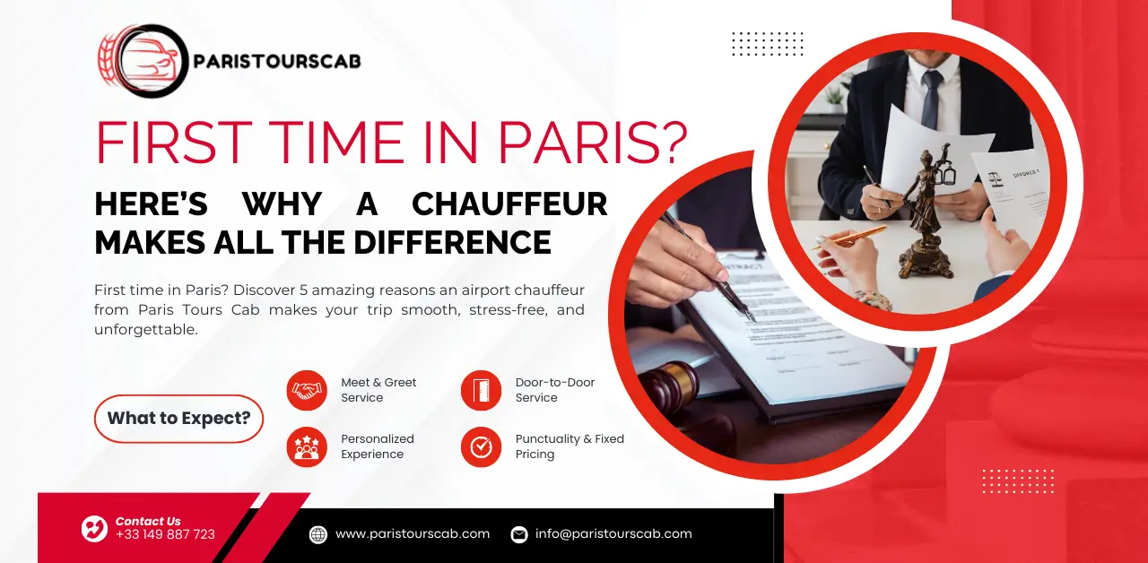 A promotional graphic for Paris Tours Cab, highlighting the benefits of hiring a chauffeur for a smooth Paris experience.