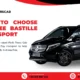 A sleek black van parked, promoting Paris Tours Cab services for stress-free Bastille Day transport, with highlights on punctuality and professionalism.
