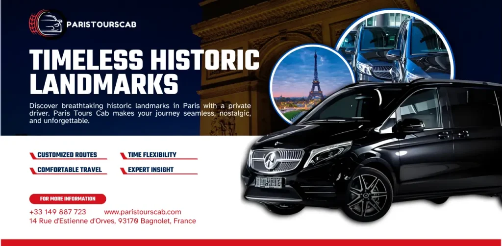 A black Mercedes van parked before the Arc de Triomphe, with inset images of the Eiffel Tower and a luxury car interior, highlights Paris Tours Cab services for exploring historic landmarks.