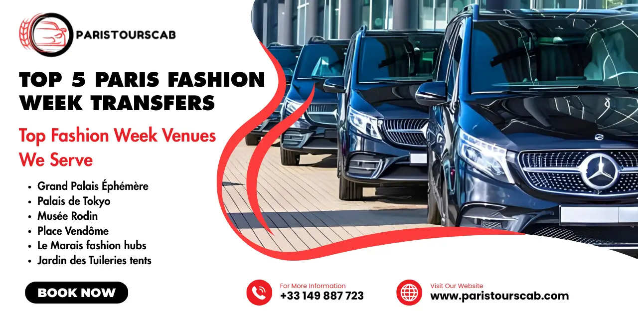 A lineup of black luxury vehicles for Paris Fashion Week transfers, showcasing top venues like Grand Palais and Palais de Tokyo.