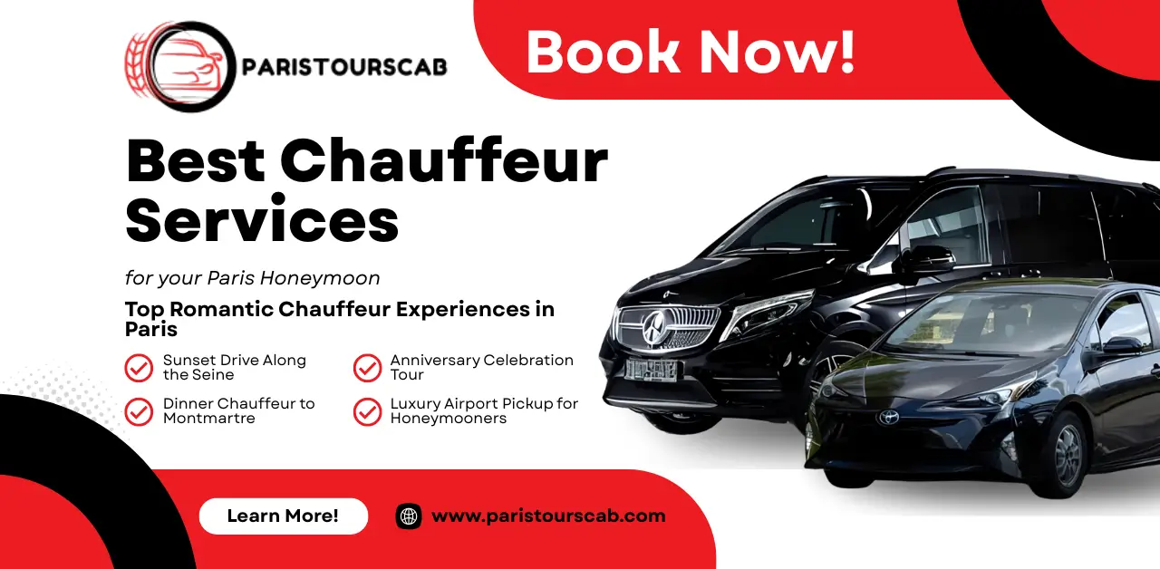 Promotional image for Paris Tours Cab highlighting luxury chauffeur services for Paris honeymoon transport, featuring stylish cars and services listed.