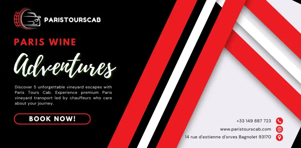 Promotional graphic for Paris Tours Cab, featuring "Paris Wine Adventures" and "vineyard transport" with details on vineyard tours and booking information.