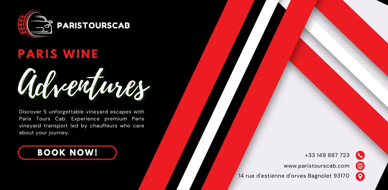 Promotional graphic for Paris Tours Cab, featuring "Paris Wine Adventures" and "vineyard transport" with details on vineyard tours and booking information.