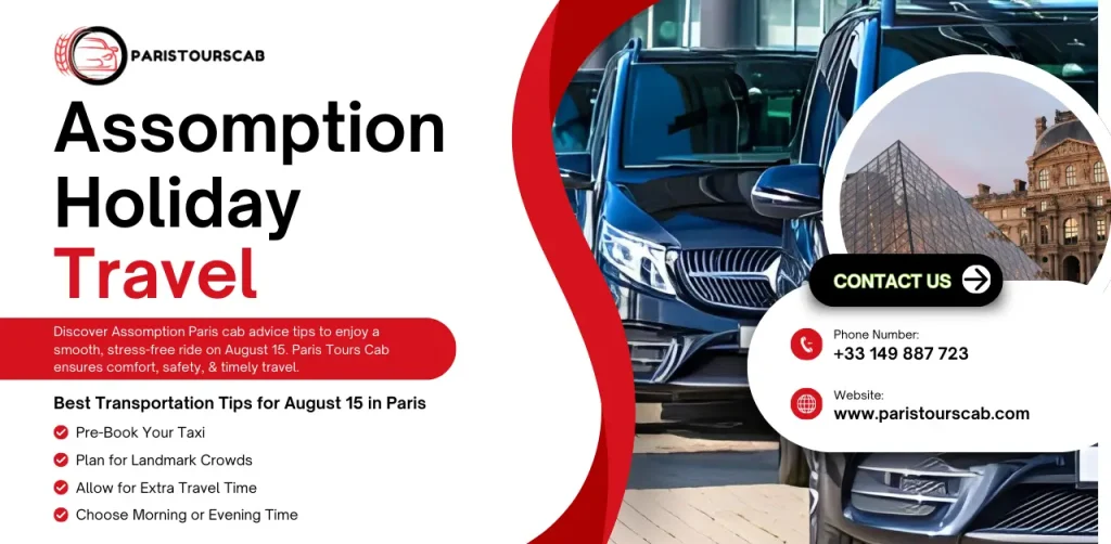 A promotional graphic for Paris Tours Cab featuring luxury vehicles, travel tips for Assumption holiday, and contact information.