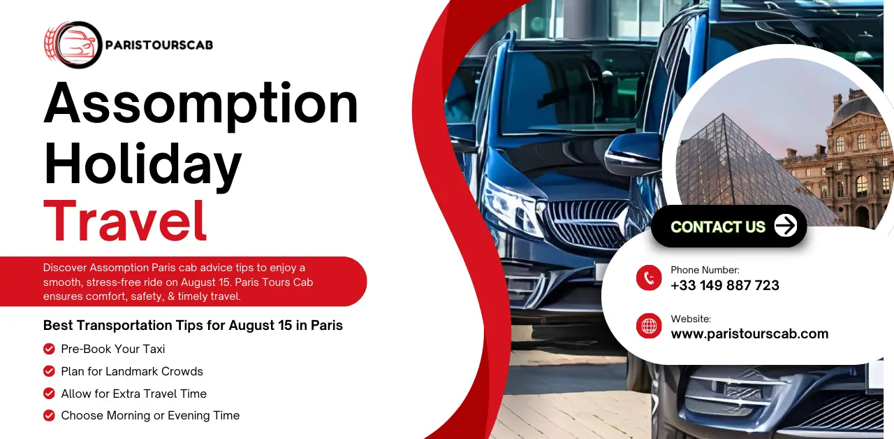 A promotional graphic for Paris Tours Cab featuring luxury vehicles, travel tips for Assumption holiday, and contact information.
