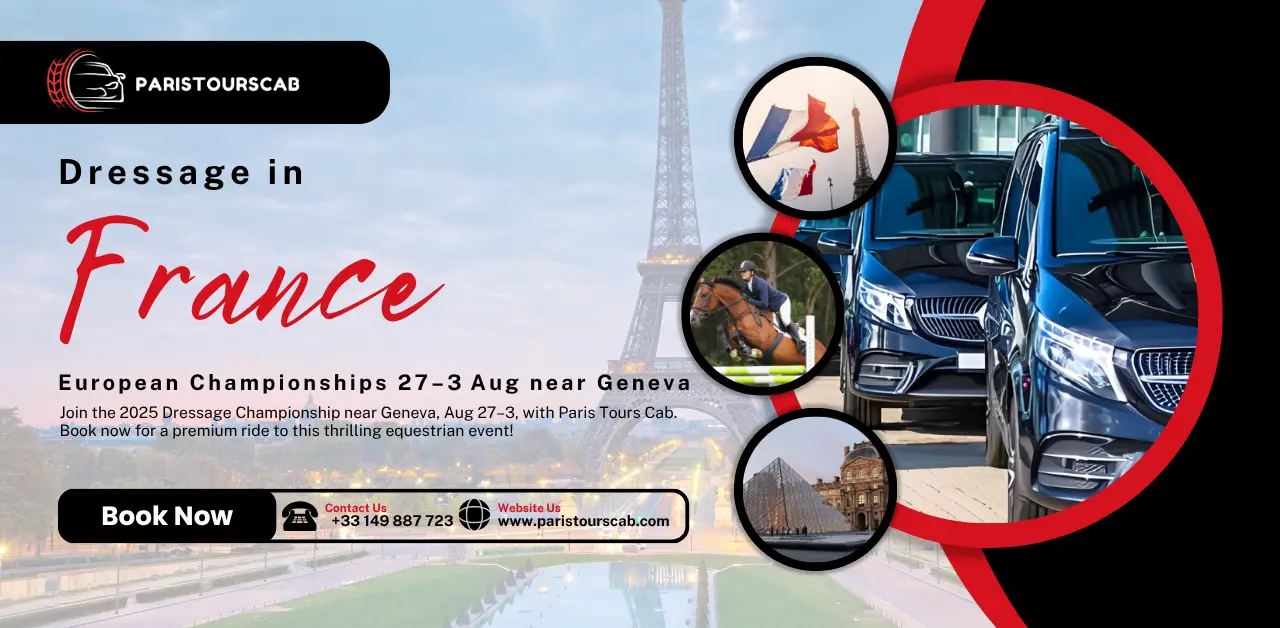 Promotional image for the 2025 European Dressage Championship in France, featuring iconic landmarks and transportation options.
