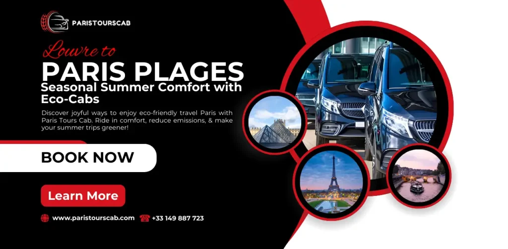 Promotional banner for Paris Tours Cab featuring eco-friendly transportation options, iconic landmarks, and a call to action for bookings.